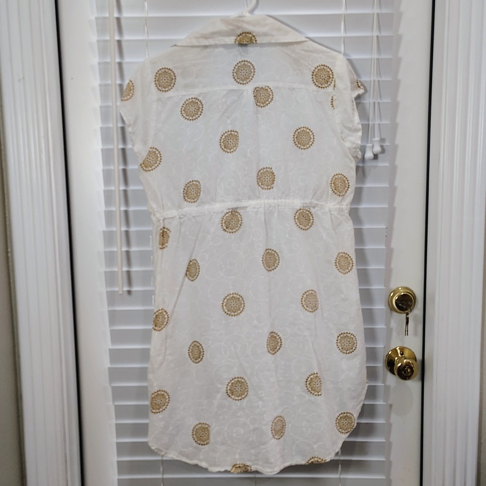 White Mini Dress CoverUp Womens Medium 100% Cotton Drawstring Lightweight Beachy - Picture 3 of 5